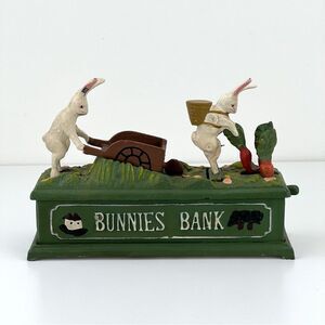 Cast Iron Mechanical  Bunnies Bank Rabbits Carrots Easter Garden